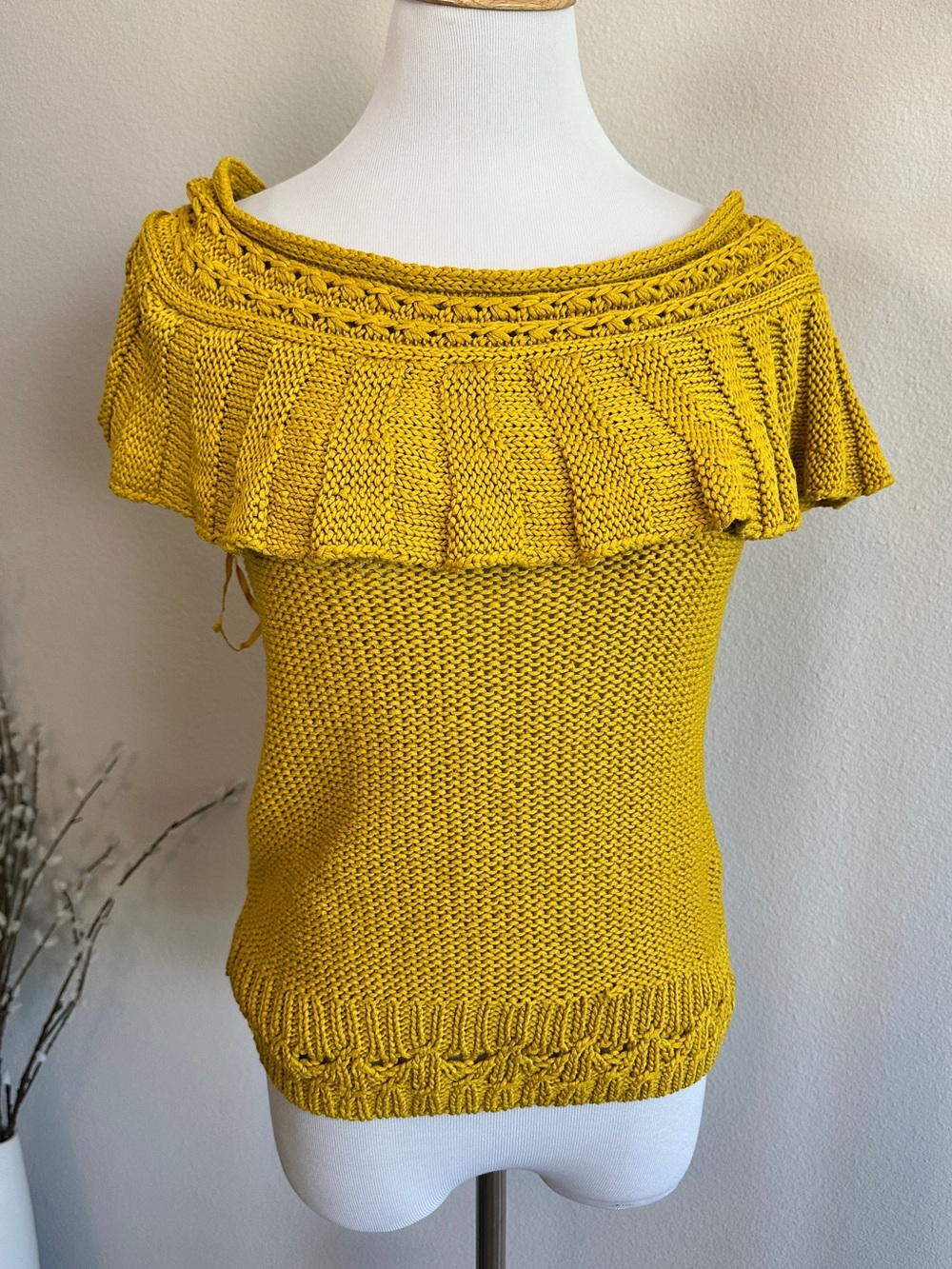 Anthropologie Mustard Yellow Off-the-Shoulder Ruffle Sweater